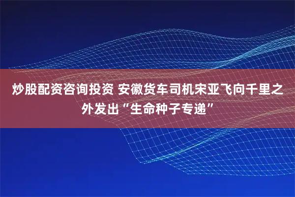 炒股配资咨询投资 安徽货车司机宋亚飞向千里之外发出“生命种子专递”